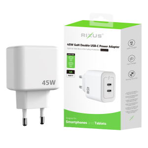 Rixus RXHC45 GaN tvöfalt USB-C millistykki 45W hvítt